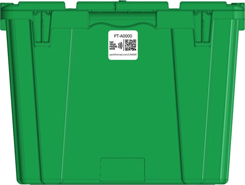 A Pack the Triad tote with its tap-and-scan tag on the side, reading PT-A0000.